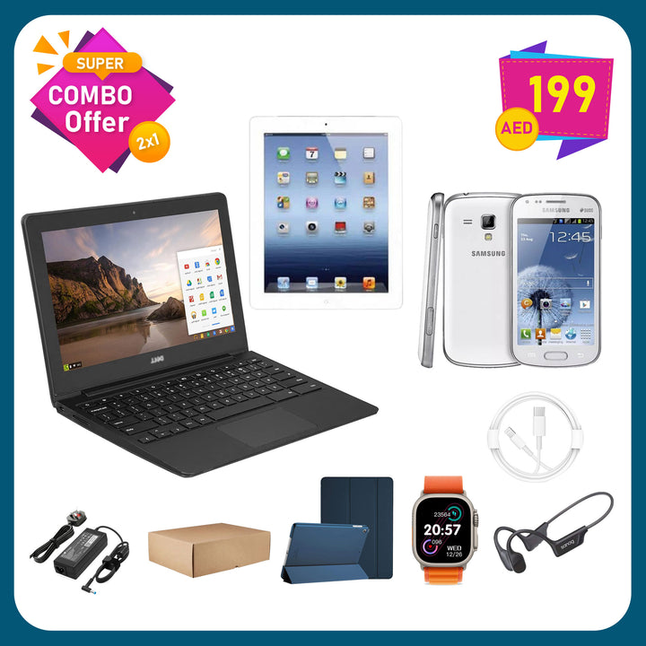 Chromebook, Samsung Mobile, Smartwatch, Ipad2, Ipad Cover, & Cables Bundle 10 in 1