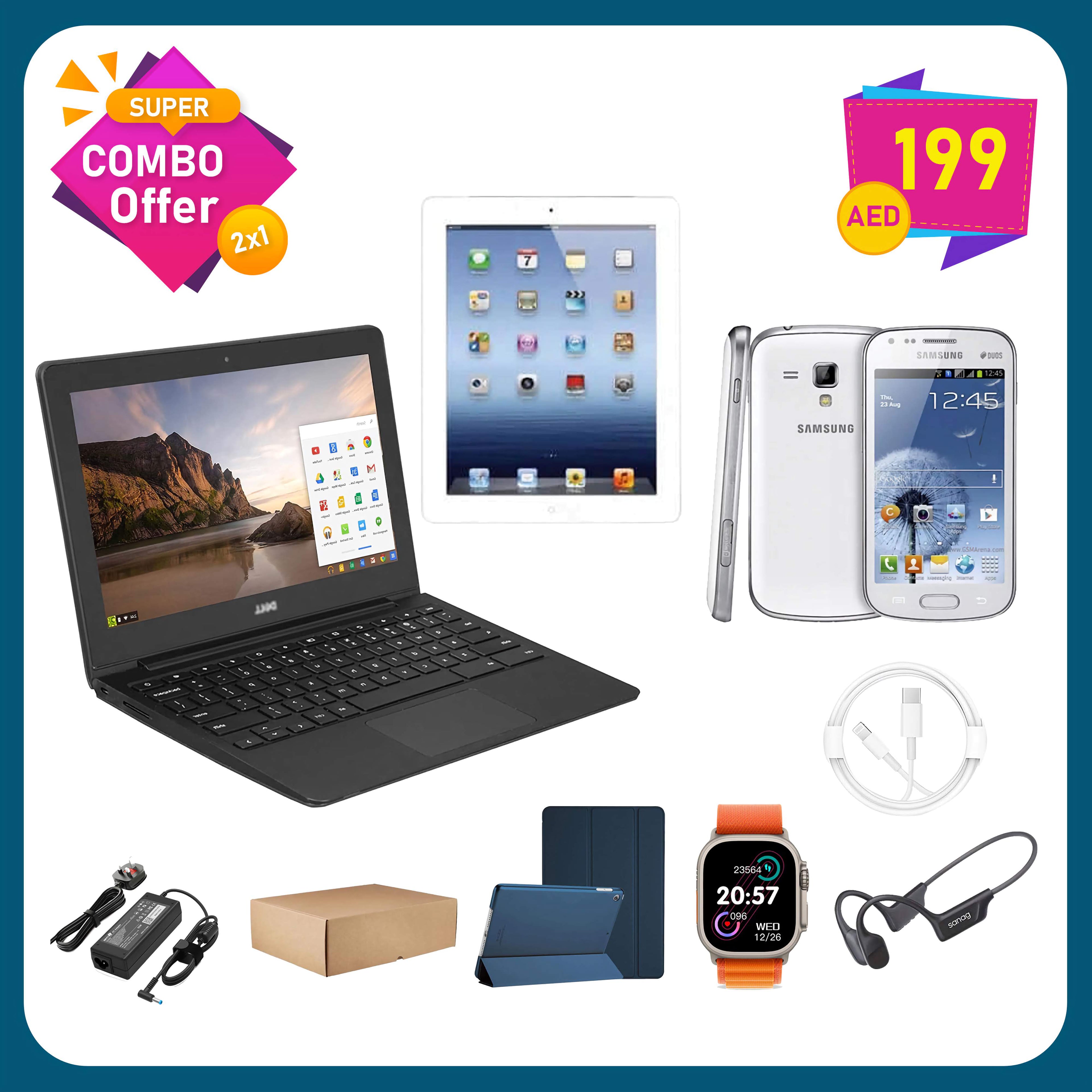 Chromebook, Samsung Mobile, Smartwatch, Ipad2, Ipad Cover, & Cables Bundle 10 in 1